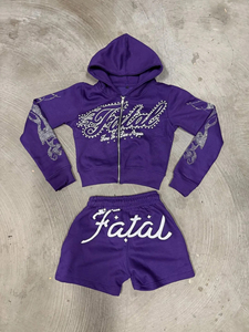 Conjunto Deportivo con Capucha Negra Fatal Girls, con Logotipo de Pedrería y Pantalones Cortos con Estampado Brillante, Ropa Urbana para Otoño - Product Image 5