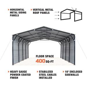 TMG MSC2020F Abri de voiture métallique simple 20FT x 20FT avec parois latérales fermées de 10FT, 400 pieds carrés, panneaux ondulés 27 GA pour abri de garage - Product Image 4