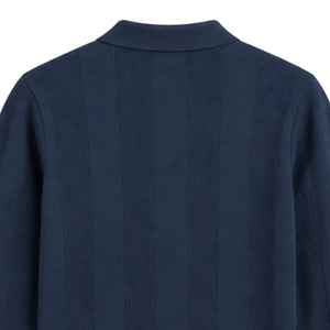 Polo de Punto de Manga Larga Azul Marino para Hombre, con Rayas Verticales Texturizadas, Cuello Acanalado, Estilo Casual, Prenda Superior de Moda Premium - Product Image 4