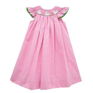 Lindo vestido rosa de conejito de Pascua ahumado a cuadros para niñas, patrón sólido, vestido hasta la rodilla para la temporada de primavera - Product Image 1