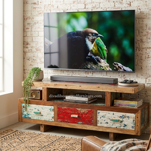 Meuble TV en bois de bateau récupéré, 3 tiroirs, design minimaliste et écologique, pour salon, avec conception durable - Product Image 6