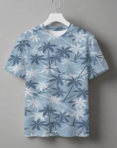 Men's Blue Palm Tree Print Short Sleeve O-Neck Casual T-Shirt Regular Fit Digital Print Breathable Knitted 100% Polyester - Product Image 1