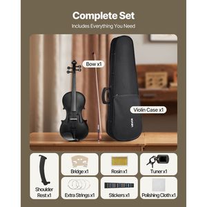 Set Violino 4/4 per Adulti con Custodia Rigida, Resina, Arco, Spalliera, Accordatore per Principianti, Orecchini Pendenti alla Moda Inclusi - Product Image 6