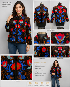 Artisan Brown <b>Velvet</b> <b>Jacket</b> Women Hand Embroidery Bomber Long Sleeve Stand Collar Cotton Lining Winter Coat Boutique Gift - Product Image 2
