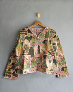 Blusa Rosa Acolchada de Manga Larga con Estampado Tropical y Ribete a Rayas, Corte Holgado, Estilo Retro, para Mujer, Primavera/Otoño, Ideal para Regalo - Product Image 1