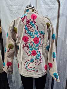 Beige <b>Velvet</b> Suzani Embroidered <b>Jacket</b> for <b>Women</b> Floral Threadwork Ethnic Open Front <b>Jacket</b> Designer Festive Winter Wear - Product Image 6