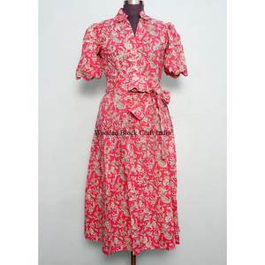 Belle robe décontractée à manches courtes Kangura, fabriquée à la main en Inde, en coton, pour femmes, robe de soirée, robe imprimée à la main. - Product Image 1