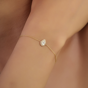 Delicada pulsera minimalista con cadena de eslabones y halo de diamantes naturales brillantes en forma de pera, regalo para novia, joyería de oro amarillo de 14 quilates. - Product Image 2