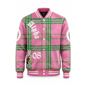 Chaqueta Varsity a Cuadros Rosa y Verde para Hombre, Estilo Preppy, Chaqueta Letterman con Insignia y Estampado Alfa en la Parte Delantera y Trasera - Product Image 2
