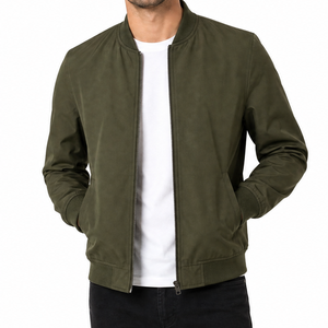 Best selling Men's Olive Green Solid Bomber <b>Jacket</b> Ribbed Stand Collar Full <b>Zip</b> <b>up</b> <b>jacket</b> - Product Image 1