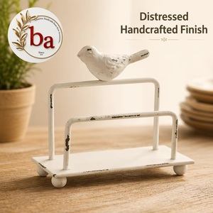 Rustic <b>White</b> Metal Business Card Holder with Bird Sculpture Single Tier Storage Basket Handmade Design for School Use - Product Image 1