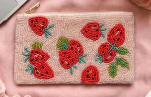 Pochette à main pour femme ornée de perles, motif fraise rose, avec fermeture éclair - Product Image 5