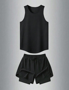 <b>Black</b> Sleeveless <b>Tank</b> <b>Top</b> Set Men's Sportswear Fitness Wear Elastic Waist Shorts <b>Knitted</b> Vest Polyester Cotton Summer - Product Image 1