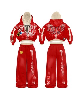 Survêtement à capuche personnalisé pour femme, style streetwear vintage, coupe ajustée, manches longues, fermeture éclair frontale, motif éclair, pantalon évasé, décontracté, OEM - Product Image 2