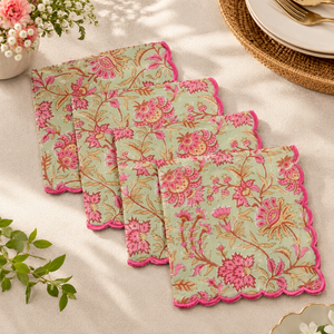 RIDHI Beautiful Indian Floral Embroidered Scalloped Square Handmade High Quality Customized Modern Cotton Napkins Soft Sage - Product Image 1