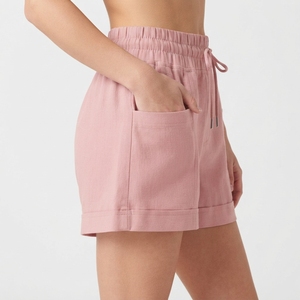 Shorts de Algodón Rosa de Cintura Alta para Mujer, Casuales, con Cordón, Bolsillos, Tejidos, Transpirables, Corte Regular, Color Sólido - Product Image 3