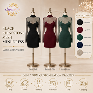 Abito Mini Aderente Nero Sexy con Strass e Rete, Maniche Lunghe, Collo Alto, Trasparenze, Vestito da Festa Scintillante per Donne - Product Image 4