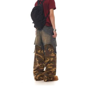 <b>Men's</b> <b>Camo</b> Patchwork Wide Leg <b>Cargo</b> <b>Pants</b> Street Style Denim Trousers - Product Image 2