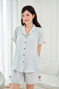 B2 MUM B902 ชุดกางเกงขาสั้นผ้าลินิน 100% ลายทางสีน้ำเงินสำหรับสตรีมีครรภ์ ผ้าระบายอากาศได้ดี ดีไซน์ซิปสำหรับให้นมบุตร ปรับได้ - Product Image 4