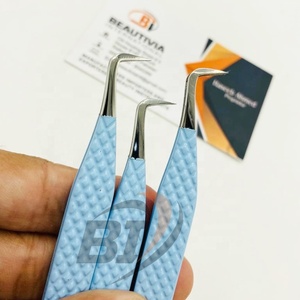 Pince à épiler professionnelle d'extension de cils en acier inoxydable, pointe pointue, forte adhérence, volume de bottes à revêtement bleu, vente en gros - Product Image 4