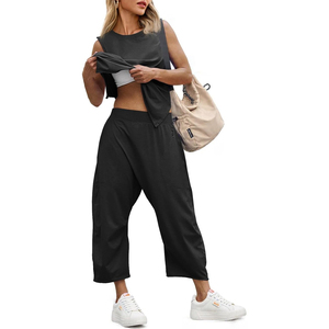 Ensemble 2 pièces pour femmes, haut court sans manches, pantalon à jambes larges, coupe ample, couleur unie, tenue de sport décontractée, toutes saisons - Product Image 1