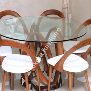 Luxury Handcrafted Solid Wood 6 Seater <b>Dining</b> <b>Table</b> Set Premium Walnut Finish <b>Round</b> <b>Table</b> Set - Product Image 3