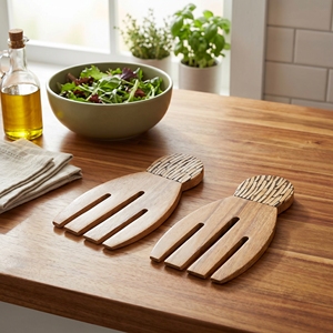 Utensilios para Ensalada de Madera Suar de Grado Alimenticio, Forma de Mano con Incrustaciones de Cáscara de Coco Blanca, Patrón de Líneas, Color Marrón Claro, Vajilla Elegante para Mesa de Cocina - Product Image 2