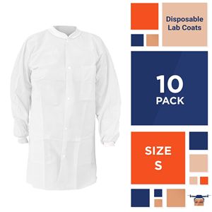 Batas de Laboratorio Desechables Blancas Pequeñas para Adultos, Paquete de 10, Batas Médicas de Protección Personal (EPP) SPP 45 GSM, Batas de Laboratorio para Pintura con Puños y Cuello Plástico para Hospitales - Product Image 2