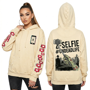 Sweat à capuche beige vieilli pour femme, imprimé fil de fer barbelé, sweat-shirt graphique personnalisé, pull vintage beige Ghost Town, vente en gros - Product Image 6