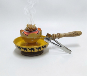 Aromatic Durable Hand-made Stainless Steel <b>Bakhoor</b> Burner Acacia Wood Handle <b>Oud</b> Scent Yellow Tray Indian Incense - Product Image 4
