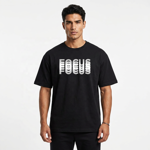 T-shirt noir à manches courtes pour homme, imprimé lettres Focus, col rond, style décontracté, coupe ample, 100 % coton jersey, anti-boulochage, 220 g - Product Image 4