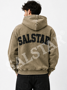 เสื้อแจ็คเก็ตฮู้ดดี้เดนิมสีกากีวินเทจสำหรับผู้ชาย สไตล์ลำลอง สตรีทแวร์ ทรงโอเวอร์ไซส์ ซิปหน้า พร้อมปักโลโก้ได้ - Product Image 2