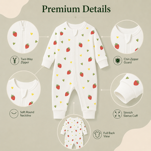 100% Bamboo Unisex Baby Full Sleeve Romper | Two Way Zipper Chin Guard Stretch Cuffs Strawberry Print Lightweight Sleep Suit - Product Image 3