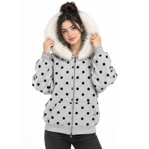 Sweat-shirt d'hiver décontracté pour femme, gris à pois, avec capuche doublée de fourrure, fermeture éclair, manches régulières, tissu tricoté - Product Image 5