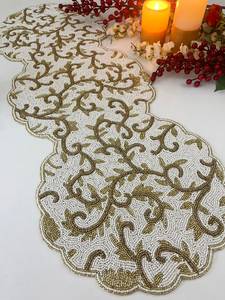 Embroidered Floral <b>Table</b> <b>Runner</b> Cream <b>Gold</b> Classic Style Home Decor Washable Cotton - Product Image 3