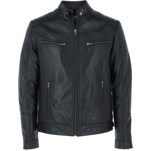 Men's Genuine Leather Stand Collar Zipper Closure Windproof <b>Slim</b> <b>Fit</b> Regular Length Quilted Pattern Custom Style <b>Jacket</b> - Product Image 1
