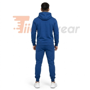 Ensemble de survêtement bleu à capuche pour homme 100 % coton, couleur unie, décontracté, coupe régulière, longueur intégrale, pour l'automne - Product Image 4