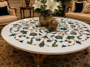 Luxury Marble Coffee <b>Top</b> Floral Inlay Design Handmade Living Room Center <b>Top</b> Elegant White Stone Furniture for Classic Home Deco - Product Image 4