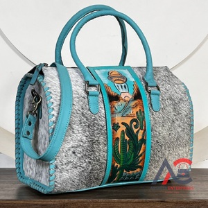 Premium Turquoise <b>Tooled</b> Cowhide <b>Leather</b> Large Speedy Bags Luxury Western Designer Crossbody Weekender Travel Unisex Duffel Bags - Product Image 1