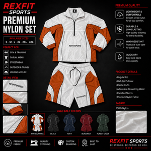 Ensemble de survêtement REXFIT SPORTS 2026 blanc et orange en nylon froissé, veste coupe-vent à demi-zip et short à empiècements - Product Image 1