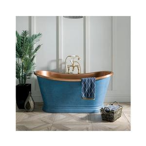 Baignoire autoportante en cuivre patiné bleu de luxe, finition antique artisanale, forme ovale élégante pour projets hôteliers et villas - Product Image 1
