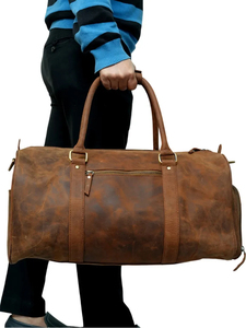 Genuine Leather Duffel Bag 30-40L <b>Adjustable</b> <b>Strap</b> Zipper Closure Unisex Travel Casual Solid Brown - Product Image 6