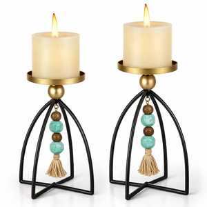 Support de bougie vintage en pierre turquoise perlée, chandelier géométrique en métal noir avec pompon, centre de table - Product Image 1