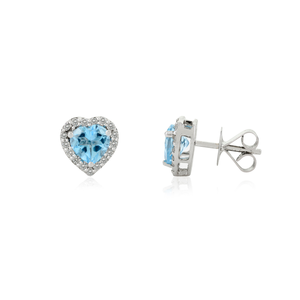 14K Gold Blue Topaz Heart Stud <b>Earrings</b> with Diamond Halo - Product Image 6