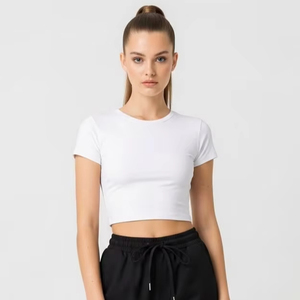 T-shirt court pour femme avec logo personnalisé, sexy, pour le fitness et la course, hauts d'entraînement ajustés, manches courtes, vêtements de sport - Product Image 4