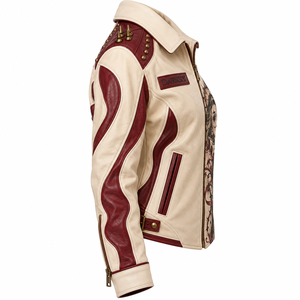 Cream Maroon Leather Jacket <b>Women</b> Spiked Studded Printed Clown Biker Outerwear Custom Made OEM ODM Offer Service Provider - Product Image 3