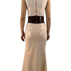 Strapless PU Leather Bodycon <b>Maxi</b> <b>Dress</b> <b>With</b> Asymmetrical Hem And Belt Detail For Party Wear - Product Image 2