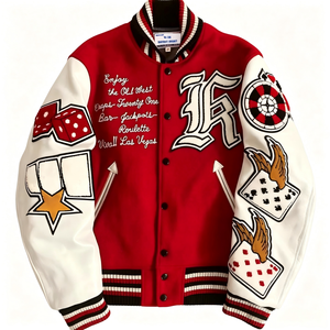 Red White Varsity <b>Jacket</b> <b>Men</b> Embroidered Patch Design Letterman <b>Jacket</b> Vintage Streetwear Style Autumn Wear - Product Image 4