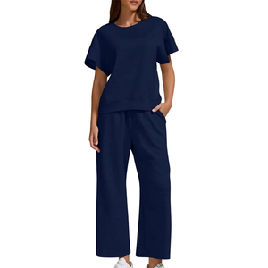 Women's Navy Blue Casual <b>Tracksuit</b> Short Sleeve Crew Neck Loose Fit Full Length Pants Elastic Waist 100% Cotton Solid Color - Product Image 5