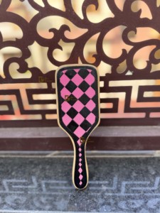 2026 New Design Handmade Hand <b>Tooled</b> <b>Leather</b> Wooden Hair Brush With Pink & Black Checkered Pattern Minimalist Design - Product Image 1